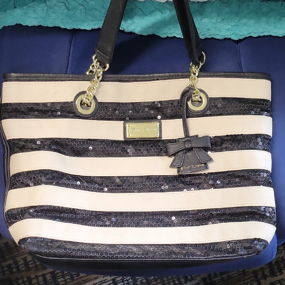 Betsey Johnson Black and Cream Sequin Stripe Tote